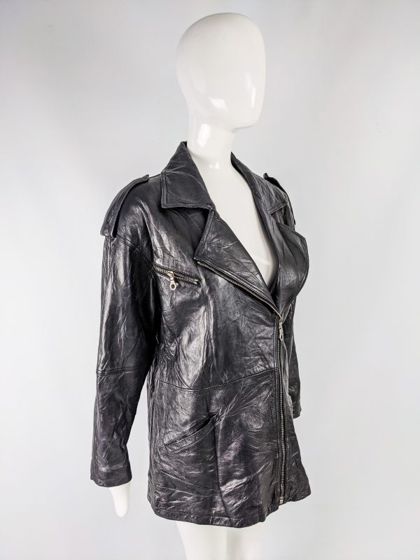 Vintage Womens Black Leather Biker Jacket, 1980s Discount