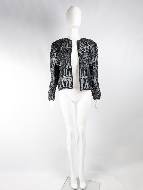 Vintage Semi Sheer Black Sequin & Beaded Jacket, 1980s Supply